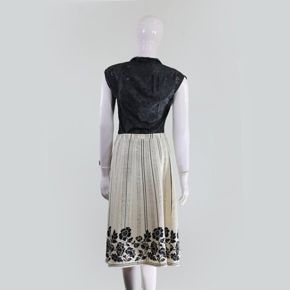 Elegant Beige Black Floral Print Linen Midi Skirt Anne Carson - Picture 3 of 4